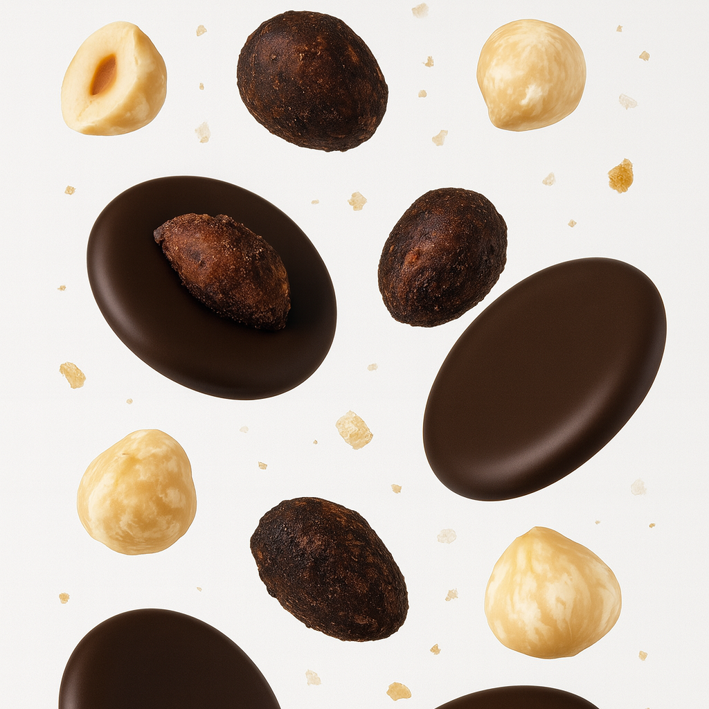 chocolat noir intense, garni de fruits secs et d’éclats d’amandes caramélisées salées.