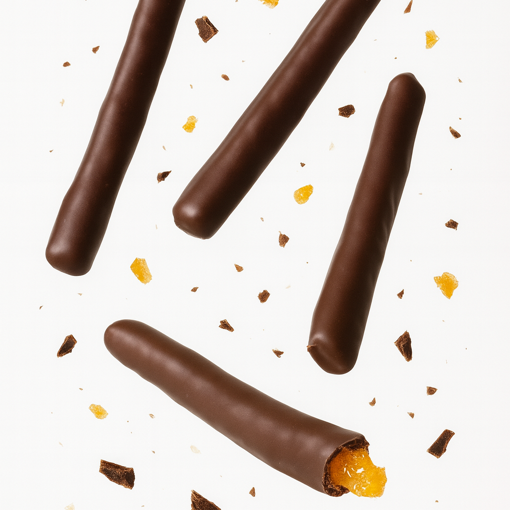 De fines écorces d’orange confites, enrobées d’un chocolat noir intense.