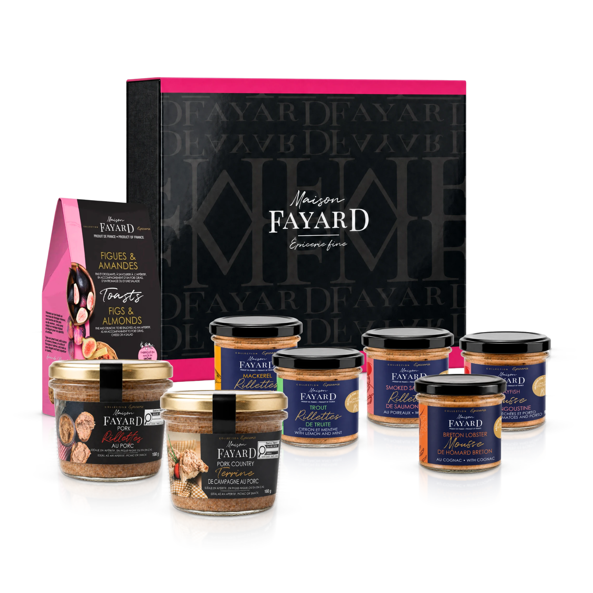 Coffret Terre & Mer Maison Fayard : mousses de homard et langoustine, rillettes de la mer, terrine et rillettes au porc, toasts figues et amandes