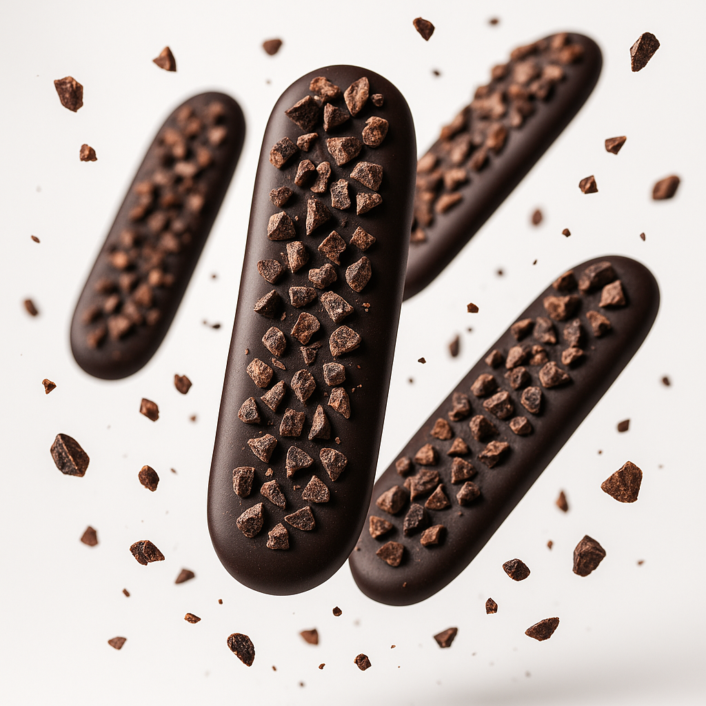 De fines langues de chat au chocolat noir, délicatement saupoudrées de grué de cacao. Une bouchée élégante, fine et croquante, où l’intensité du cacao est mise en valeur sans excès de sucre.