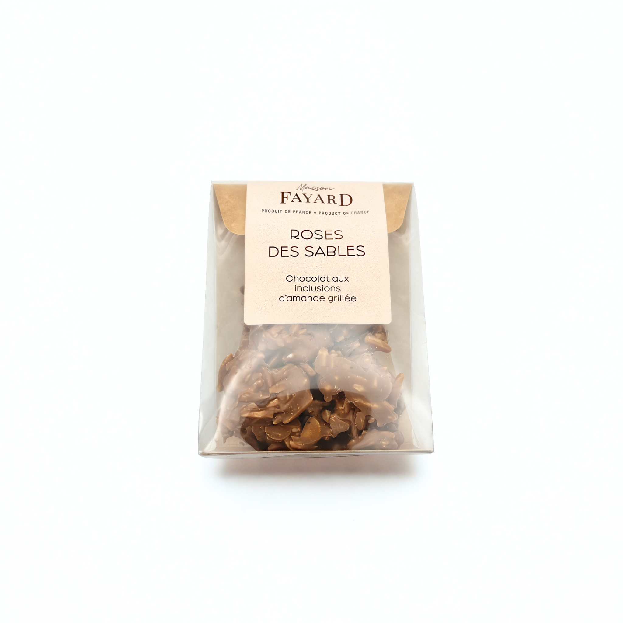 Des Roses des Sables au chocolat au lait, mêlant un chocolat doux et onctueux à de délicates inclusions d’amandes grillées.