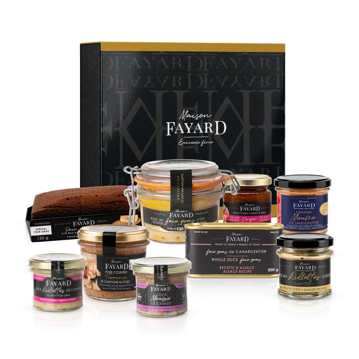 Coffret cadeau Le Grand Festin Maison Fayard avec foie gras de canard entier, bloc de foie gras d'oie et spécialités