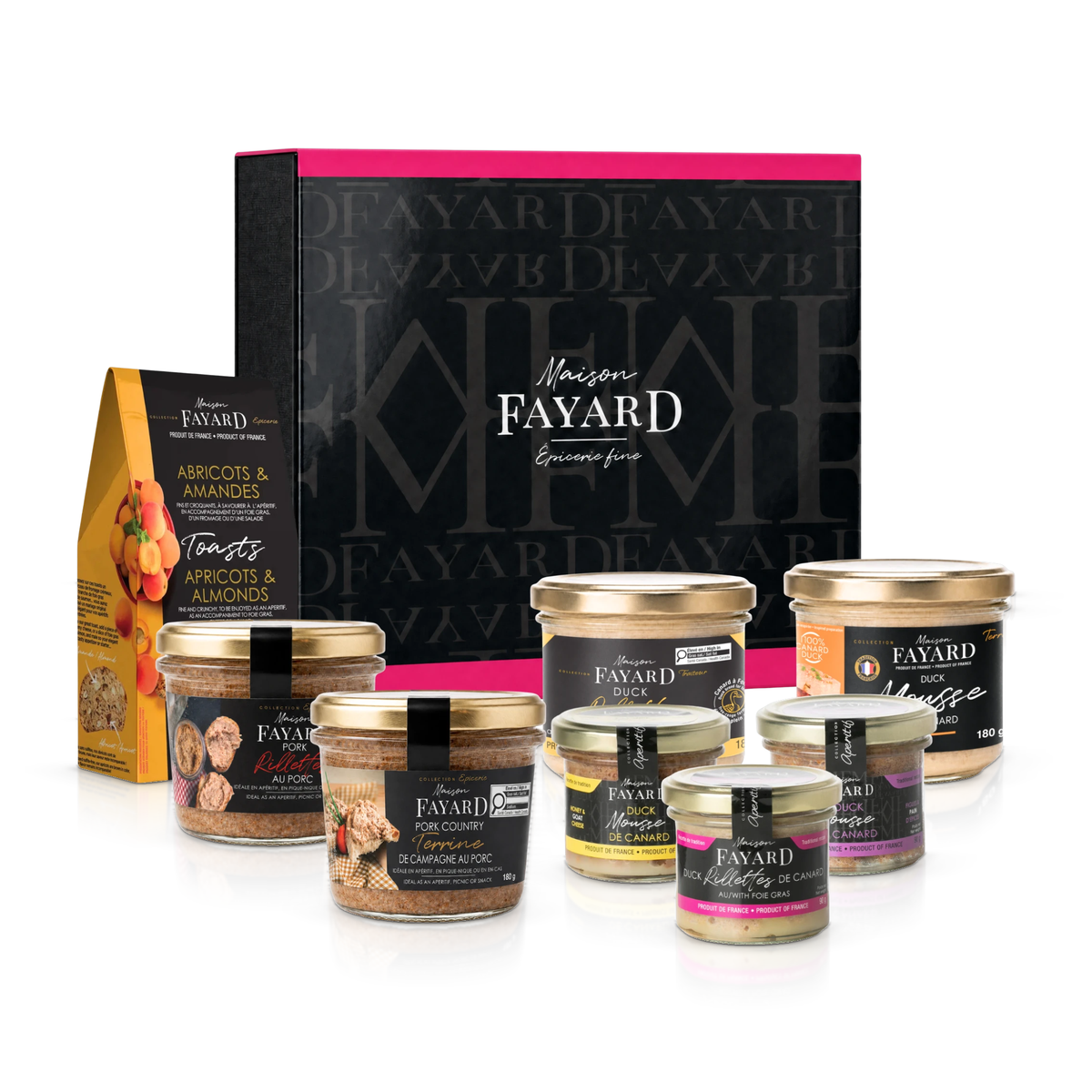 Coffret Le Terroir Maison Fayard : rillettes et mousses de canard, terrine de campagne, rillettes au porc, toasts abricots et amandes
