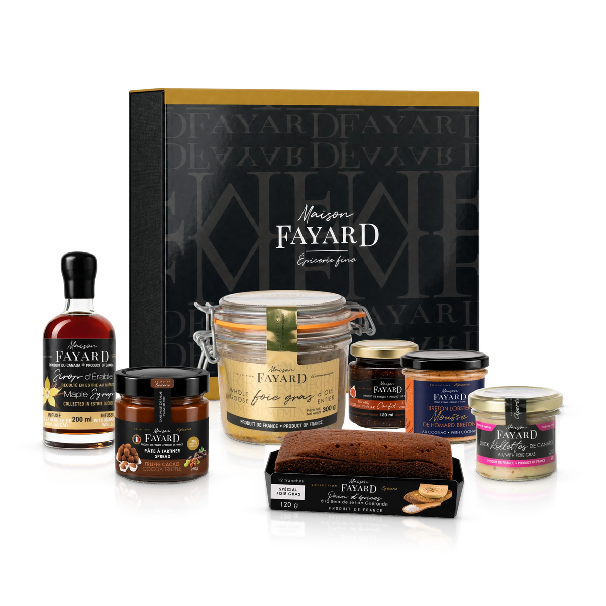 Coffret Passion Gourmande Maison Fayard : boîte cadeau et sept spécialités, foie gras d'oie entier, sirop d'érable, mousse de homard, rillettes, pâte à tartiner, confit et pain d'épices.